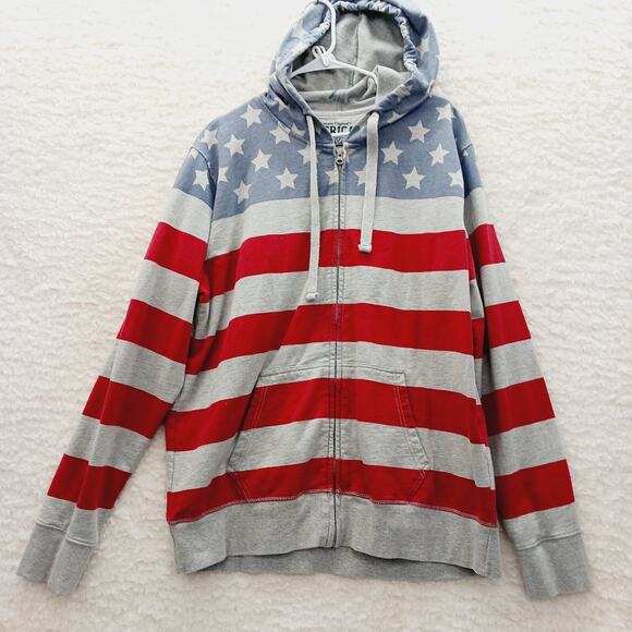 Hoodie Sz L Gray Flag Star Stripe Festival Americana Kangaroo Y2K Patriotic Red - Picture 1 of 16